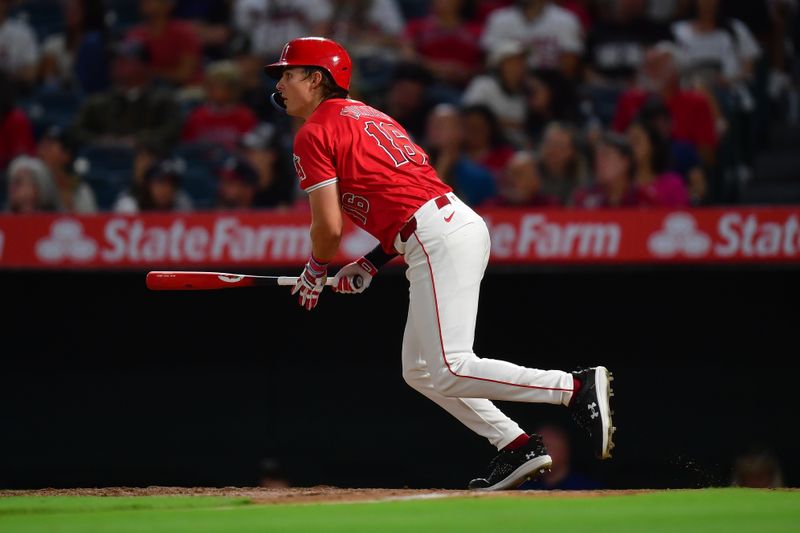 August 16, 2024; Anaheim, California, USA; Los Angeles Angels right fielder Mickey Moniak (16) runs after hitting an RBI double against the Atlanta Braves during the sixth inning at Angel Stadium. Mandatory Credit: Gary A. Vasquez-USA TODAY Sports