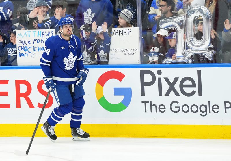 Apr 13, 2024; Toronto, Ontario, CAN; Toronto Maple Leafs center Auston Matthews (34) skates during the warmup before a game against the Detroit Red Wings at Scotiabank Arena. Mandatory Credit: Nick Turchiaro-USA TODAY Sports