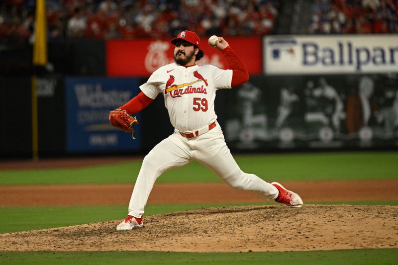 Jul 13, 2024; St. Louis, Missouri, USA; St. Louis Cardinals relief pitcher JoJo Romero (59) throws against the Chicago Cubs during the eighth inning at Busch Stadium. Mandatory Credit: Jeff Le-USA TODAY Sports