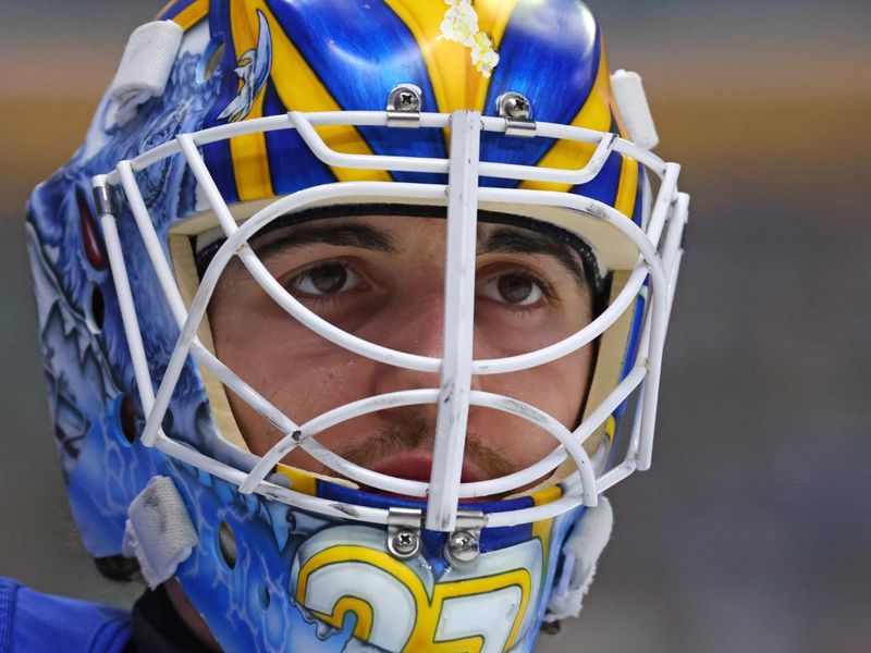 Jan 9, 2024; Buffalo, New York, USA;  Buffalo Sabres goaltender Devon Levi (27) during a stoppage in play against the Seattle Kraken during the first period at KeyBank Center. Mandatory Credit: Timothy T. Ludwig-USA TODAY Sports