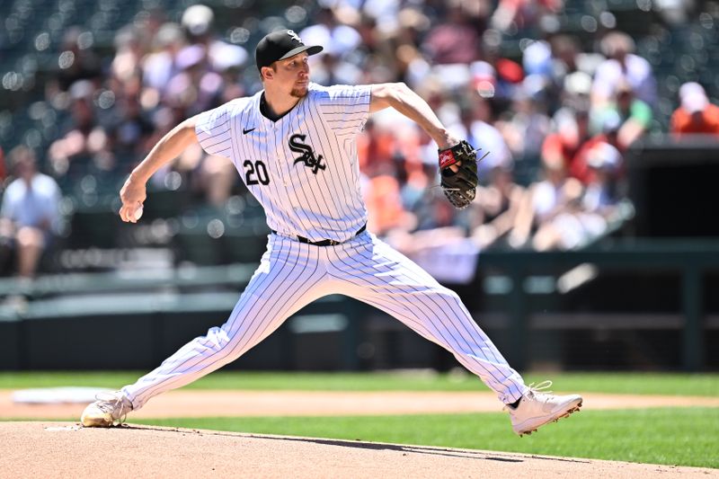 May 25, 2024; Chicago, Illinois, USA;  Chicago White Sox pitcher Erick Fedde (20) pitches in the first inning against the Baltimore Orioles at Guaranteed Rate Field. Mandatory Credit: Jamie Sabau-USA TODAY Sports