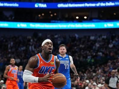 DALLAS, TX - DECEMBER 2: Luguentz Dort #5 of the Oklahoma City Thunder goes to the basket during the game on December 2, 2023 at the American Airlines Center in Dallas, Texas. NOTE TO USER: User expressly acknowledges and agrees that, by downloading and or using this photograph, User is consenting to the terms and conditions of the Getty Images License Agreement. Mandatory Copyright Notice: Copyright 2023 NBAE (Photo by Glenn James/NBAE via Getty Images)