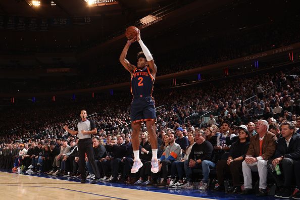 NEW YORK, NY - NOVEMBER 1: Miles McBride #2 of the New York Knicks shoots a three point basket during the game against the Cleveland Cavaliers on November 1, 2023 at Madison Square Garden in New York City, New York.  NOTE TO USER: User expressly acknowledges and agrees that, by downloading and or using this photograph, User is consenting to the terms and conditions of the Getty Images License Agreement. Mandatory Copyright Notice: Copyright 2023 NBAE  (Photo by Nathaniel S. Butler/NBAE via Getty Images)