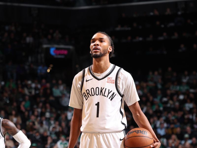 BROOKLYN, NY - NOVEMBER 13: Ziaire Williams #1 of the Brooklyn Nets shoots a free throw during the game against the Boston Celtics on November 13, 2024 at Barclays Center in Brooklyn, New York. NOTE TO USER: User expressly acknowledges and agrees that, by downloading and or using this Photograph, user is consenting to the terms and conditions of the Getty Images License Agreement. Mandatory Copyright Notice: Copyright 2024 NBAE (Photo by Jeff Haynes/NBAE via Getty Images)