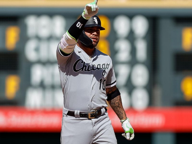 Aug 20, 2023; Denver, Colorado, USA; Chicago White Sox third baseman Yoan Moncada (10) reacts from second on a two RBI double to tie the game in the eighth inning against the Colorado Rockies at Coors Field. Mandatory Credit: Isaiah J. Downing-USA TODAY Sports