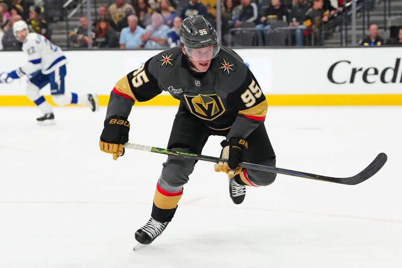 Mar 23, 2025; Las Vegas, Nevada, USA; Vegas Golden Knights right wing Victor Olofsson (95) skates against the Tampa Bay Lightning during the second period at T-Mobile Arena. Mandatory Credit: Stephen R. Sylvanie-Imagn Images