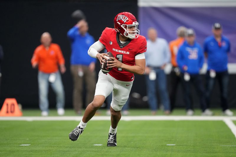 Dec 2, 2023; Las Vegas, NV, USA; UNLV Rebels quarterback Jayden Maiava (1) throws the ball against the Boise State Broncos in the first half during the Mountain West Championship at Allegiant Stadium. Mandatory Credit: Kirby Lee-USA TODAY Sports