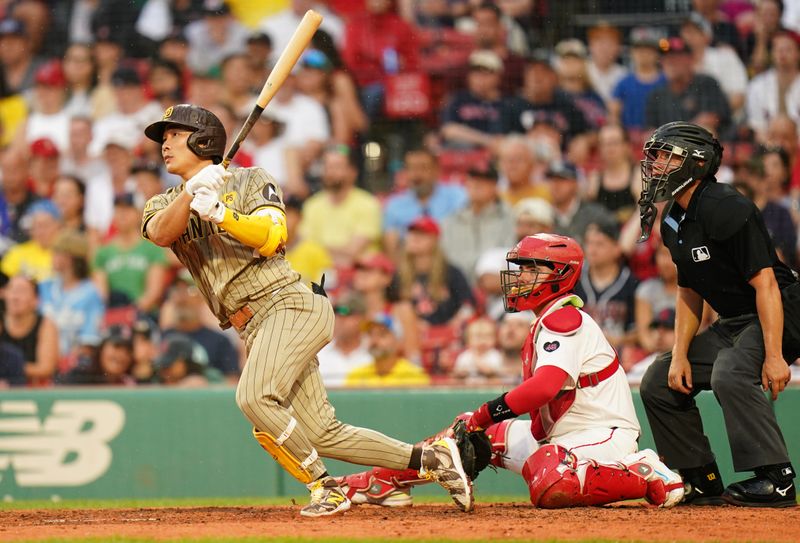 Jun 30, 2024; Boston, Massachusetts, USA; San Diego Padres shortstop Ha-Seong Kim (7) lines out to center field to end the game against the Boston Red Sox in the ninth inning at Fenway Park. Mandatory Credit: David Butler II-USA TODAY Sports