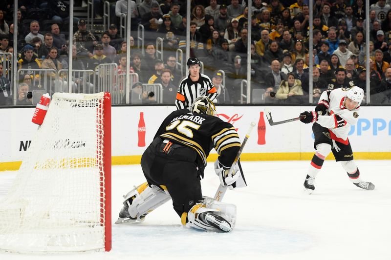 Mar 19, 2024; Boston, Massachusetts, USA;  Ottawa Senators center Tim Stutzle (18) shoots the puck on Boston Bruins goaltender Linus Ullmark (35) during the second period at TD Garden. Mandatory Credit: Bob DeChiara-USA TODAY Sports