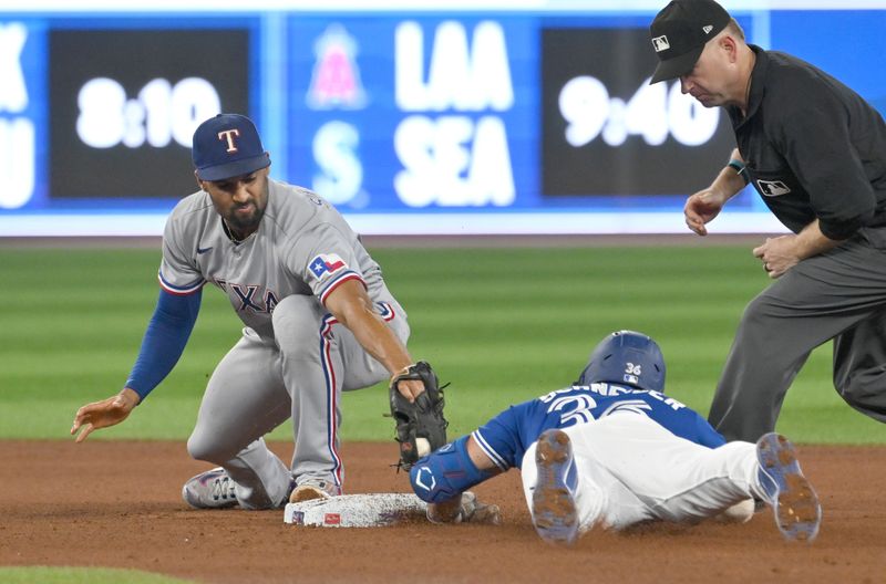 Sep 12, 2023; Toronto, Ontario, CAN;   Toronto Blue Jays second baseman Davis Schneider (36) slides safely into second base with a double ahead of a tag from Texas Rangers second baseman Marcus Semien (2) in the fourth inning at Rogers Centre. Mandatory Credit: Dan Hamilton-USA TODAY Sports