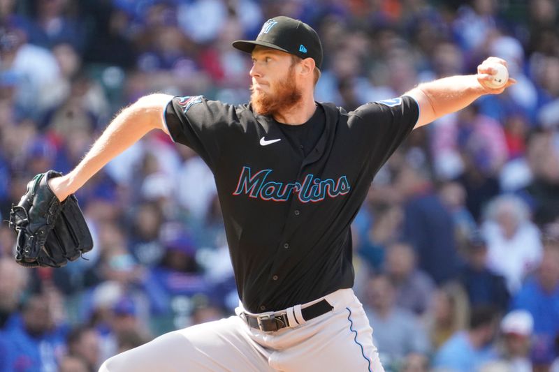 May 6, 2023; Chicago, Illinois, USA; Miami Marlins relief pitcher A.J. Puk (35) throws the ball against the Chicago Cubs during the sixth inning at Wrigley Field. Mandatory Credit: David Banks-USA TODAY Sports