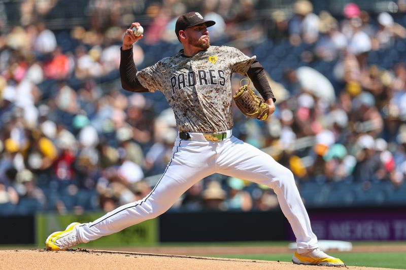 Sep 8, 2024; San Diego, California, USA; San Diego Padres starting pitcher Joe Musgrove (44) throws during the first inning against the San Francisco Giants at Petco Park. Mandatory Credit: Chadd Cady-Imagn Images