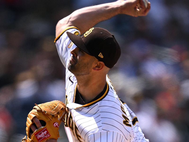 Apr 19, 2023; San Diego, California, USA; San Diego Padres starting pitcher Nick Martinez (21) throws a pitch against the Atlanta Braves during the seventh inning at Petco Park. Mandatory Credit: Orlando Ramirez-USA TODAY Sports