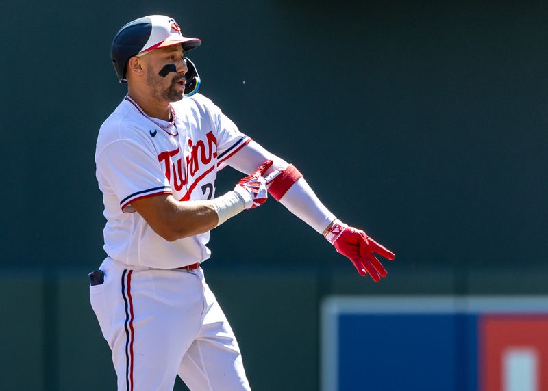 Aug 16, 2023; Minneapolis, Minnesota, USA; Minnesota Twins third baseman Royce Lewis (23) celebrates after hitting a RBI double against the Detroit Tigers in the first inning at Target Field. Mandatory Credit: Jesse Johnson-USA TODAY Sports