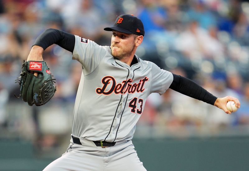 May 20, 2024; Kansas City, Missouri, USA; Detroit Tigers relief pitcher Joey Wentz (43) pitches during the sixth inning against the Kansas City Royals at Kauffman Stadium. Mandatory Credit: Jay Biggerstaff-USA TODAY Sports