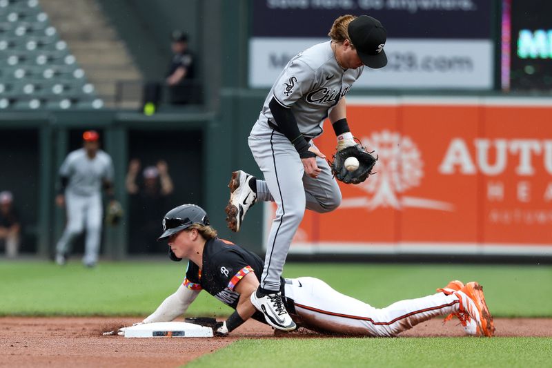 May 30, 2025; Baltimore, Maryland, USA; Baltimore Orioles second baseman Jackson Holliday (7) steals second during the first inning against the Chicago White Sox at Oriole Park at Camden Yards. Mandatory Credit: Daniel Kucin Jr.-Imagn Images