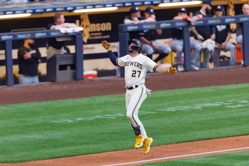 Aug 22, 2023; Milwaukee, Wisconsin, USA;  Milwaukee Brewers shortstop Willy Adames (27) celebrates after hitting a home run during the first inning against the Minnesota Twins at American Family Field. Mandatory Credit: Jeff Hanisch-USA TODAY Sports