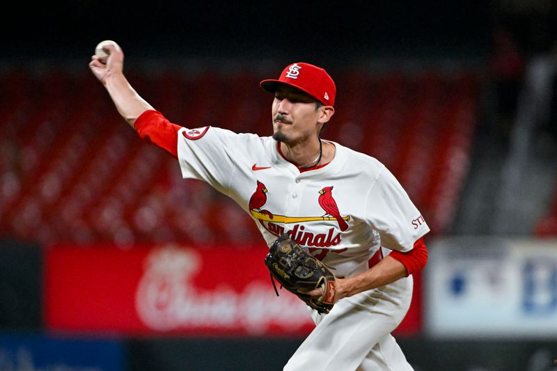 Aug 27, 2024; St. Louis, Missouri, USA;  St. Louis Cardinals relief pitcher Riley O'Brien (55) pitches against the San Diego Padres during the ninth inning at Busch Stadium. Mandatory Credit: Jeff Curry-USA TODAY Sports