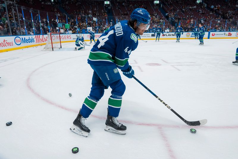 Mar 18, 2025; Vancouver, British Columbia, CAN; Vancouver Canucks forward Kiefer Sherwood (44) handles the puck during warm up prior to a game against the Winnipeg Jets at Rogers Arena.  Mandatory Credit: Bob Frid-Imagn Images