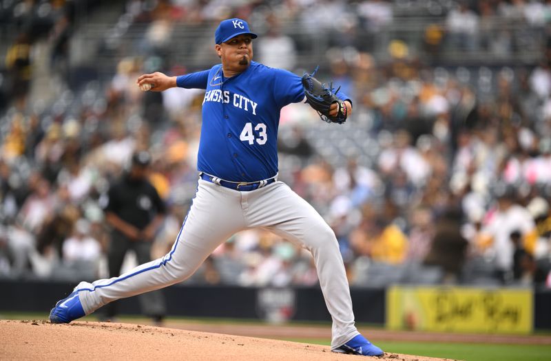 May 17, 2023; San Diego, California, USA; Kansas City Royals starting pitcher Carlos Hernandez (43) throws a pitch against the San Diego Padres during the first inning at Petco Park. Mandatory Credit: Orlando Ramirez-USA TODAY Sports