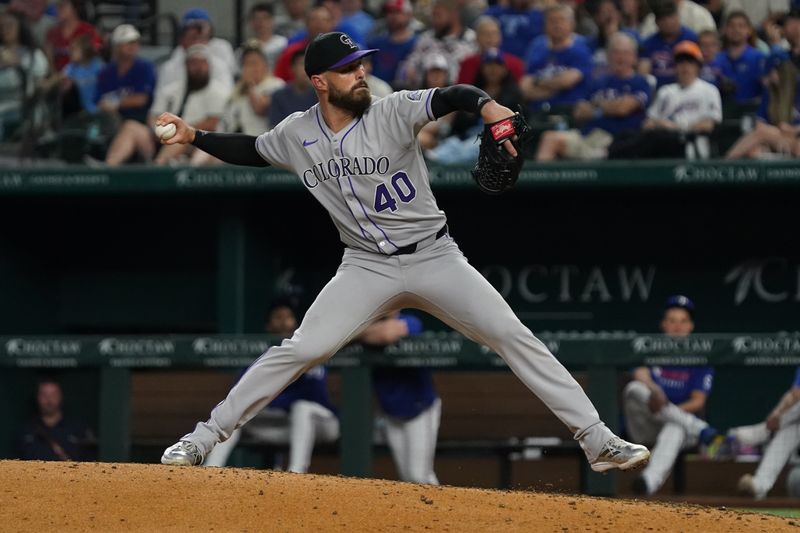 May 12, 2025; Arlington, Texas, USA; Colorado Rockies pitcher Tyler Kinley (40) throws to the plate during the eighth inning against the Texas Rangers at Globe Life Field. Mandatory Credit: Raymond Carlin III-Imagn Images
