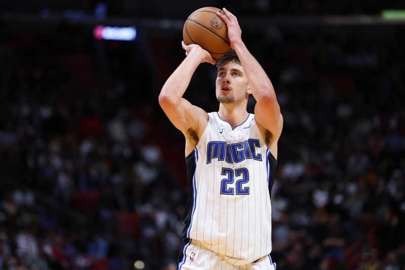 MIAMI, FLORIDA - FEBRUARY 06: Franz Wagner #22 of the Orlando Magic shoots a free throw against the Miami Heat during the second quarter of the game at Kaseya Center on February 06, 2024 in Miami, Florida. NOTE TO USER: User expressly acknowledges and agrees that, by downloading and or using this photograph, User is consenting to the terms and conditions of the Getty Images License Agreement. (Photo by Megan Briggs/Getty Images)