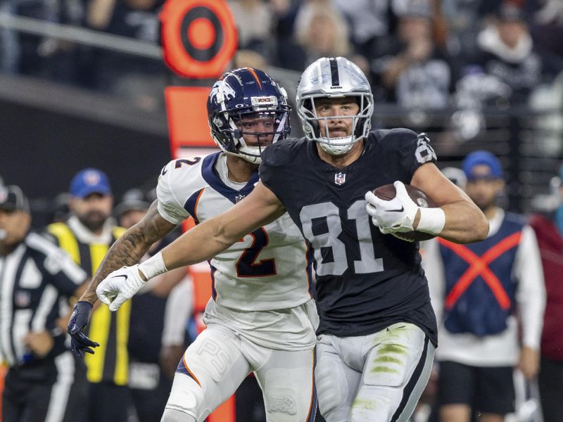 Las Vegas Raiders tight end Austin Hooper (81) catches a pass and runs against the Denver Broncos in an NFL football game, Sunday, Jan. 7, 2024, in Las Vegas, NV. Raiders defeated the Broncos 27-14. (AP Photo/Jeff Lewis)