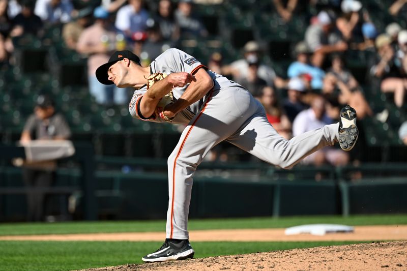 Jun 28, 2025; Chicago, Illinois, USA; San Francisco Giants relief pitcher Tyler Rogers (71) delivers a pitch during the eighth inning against the Chicago White Sox  at Rate Field. Mandatory Credit: Matt Marton-Imagn Images