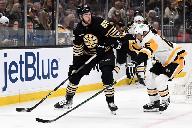 Mar 9, 2024; Boston, Massachusetts, USA; Pittsburgh Penguins defenseman Erik Karlsson (65) defends Boston Bruins right wing Justin Brazeau (55) during the first period at the TD Garden. Mandatory Credit: Brian Fluharty-USA TODAY Sports