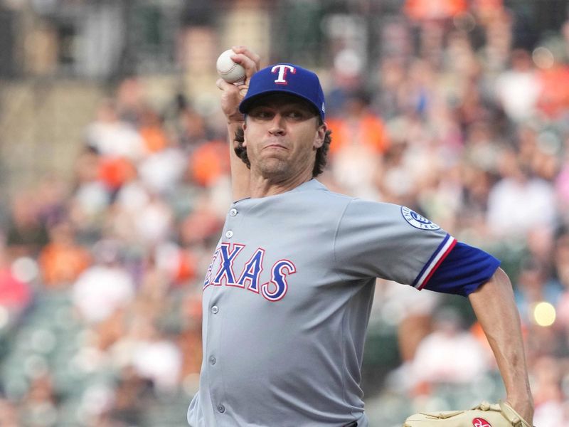 Jun 25, 2025; Baltimore, Maryland, USA; Texas Rangers pitcher Jason DeGrom (48) delivers during the first inning against the Baltimore Orioles at Oriole Park at Camden Yards. Mandatory Credit: Mitch Stringer-Imagn Images