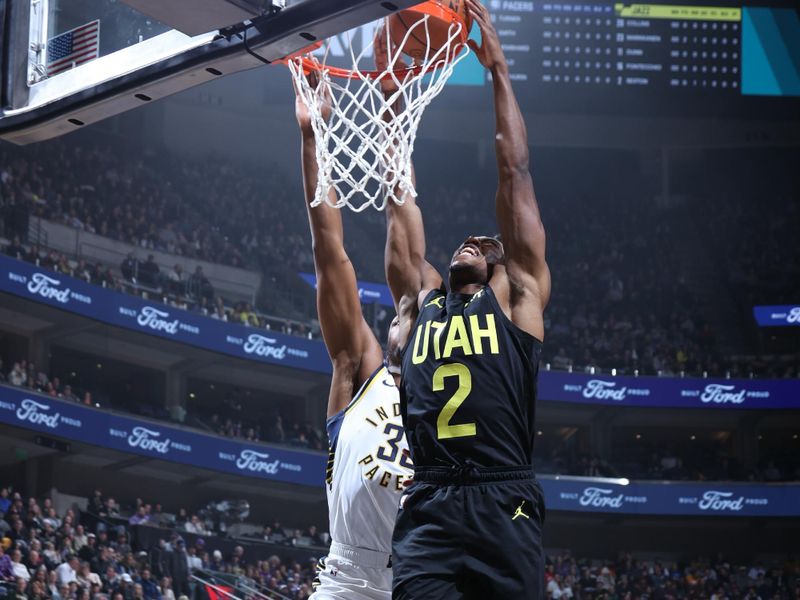 SALT LAKE CITY, UT - JANUARY 15: Colin Sexton #2 of the Utah Jazz dunks the ball during the game against the Indiana Pacers on January 15, 2024 at Delta Center in Salt Lake City, Utah. NOTE TO USER: User expressly acknowledges and agrees that, by downloading and or using this Photograph, User is consenting to the terms and conditions of the Getty Images License Agreement. Mandatory Copyright Notice: Copyright 2024 NBAE (Photo by Melissa Majchrzak/NBAE via Getty Images)