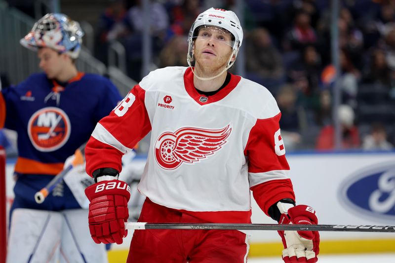 Oct 22, 2024; Elmont, New York, USA; Detroit Red Wings right wing Patrick Kane (88) skates against the New York Islanders during the third period at UBS Arena. Mandatory Credit: Brad Penner-Imagn Images