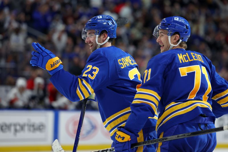 Oct 12, 2024; Buffalo, New York, USA;  Buffalo Sabres defenseman Mattias Samuelsson (23) reacts after scoring a goal during the second period against the Florida Panthers at KeyBank Center. Mandatory Credit: Timothy T. Ludwig-Imagn Images