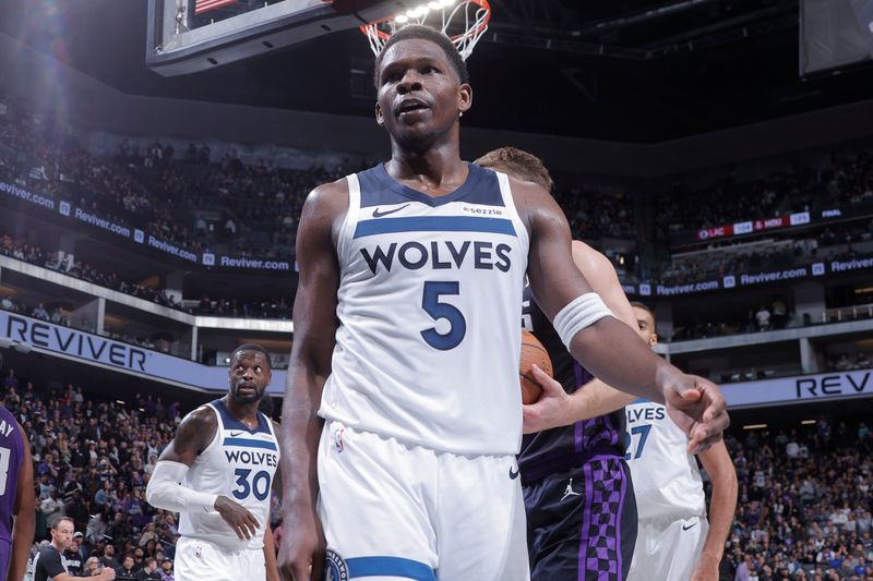 SACRAMENTO, CA - NOVEMBER 15: Anthony Edwards #5 of the Minnesota Timberwolves looks on during the game against the Sacramento Kings during the Emirates NBA Cup game on November 15, 2024 at Golden 1 Center in Sacramento, California. NOTE TO USER: User expressly acknowledges and agrees that, by downloading and or using this Photograph, user is consenting to the terms and conditions of the Getty Images License Agreement. Mandatory Copyright Notice: Copyright 2024 NBAE (Photo by Rocky Widner/NBAE via Getty Images)