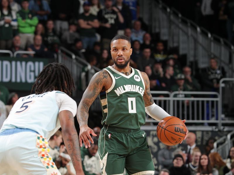 MILWAUKEE, WI - JANUARY 8: Damian Lillard #0 of the Milwaukee Bucks looks on during the game against the San Antonio Spurs on January 8, 2025 at the Fiserv Forum Center in Milwaukee, Wisconsin. NOTE TO USER: User expressly acknowledges and agrees that, by downloading and or using this Photograph, user is consenting to the terms and conditions of the Getty Images License Agreement. Mandatory Copyright Notice: Copyright 2025 NBAE (Photo by Gary Dineen/NBAE via Getty Images).