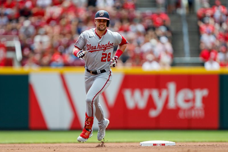 Aug 6, 2023; Cincinnati, Ohio, USA; Washington Nationals right fielder Lane Thomas (28) runs the bases after hitting a solo home run in the first inning against the Cincinnati Reds at Great American Ball Park. Mandatory Credit: Katie Stratman-USA TODAY Sports