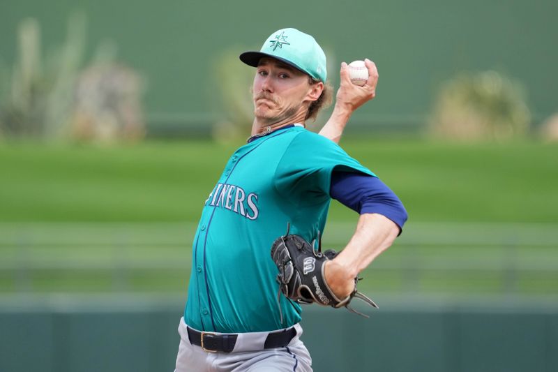 Mar 6, 2024; Surprise, Arizona, USA; Seattle Mariners starting pitcher Bryce Miller (50) pitches against the Kansas City Royals during the first inning at Surprise Stadium. Mandatory Credit: Joe Camporeale-USA TODAY Sports