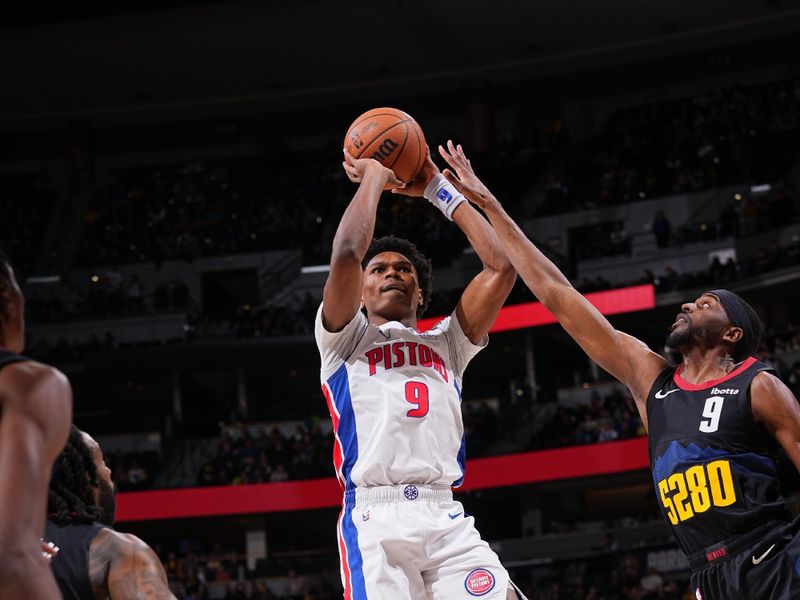 DENVER, CO - JANUARY 7: Ausar Thompson #9 of the Detroit Pistons shoots the ball during the game against the Denver Nuggets on January 7, 2024 at the Ball Arena in Denver, Colorado. NOTE TO USER: User expressly acknowledges and agrees that, by downloading and/or using this Photograph, user is consenting to the terms and conditions of the Getty Images License Agreement. Mandatory Copyright Notice: Copyright 2024 NBAE (Photo by Bart Young/NBAE via Getty Images)