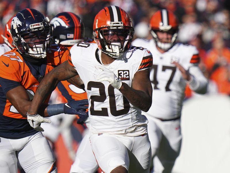 Cleveland Browns running back Pierre Strong Jr. (20) against the Denver Broncos of an NFL football game Sunday November 26, 2023, in Denver. (AP Photo/Bart Young)