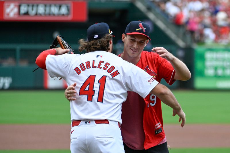 Aug 18, 2024; St. Louis, Missouri, USA; St. Louis Cardinals right fielder Alec Burleson (41) greets Florida Panthers right wing Matthew Tkachuk after Tkachuk throws out a ceremonial first pitch prior to their game against the Los Angeles Dodgers at Busch Stadium. Mandatory Credit: Joe Puetz-USA TODAY Sports