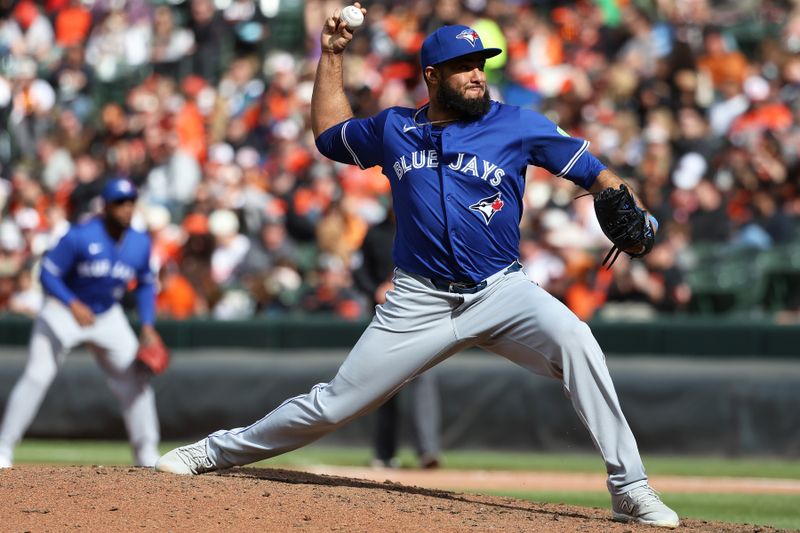Apr 13, 2025; Baltimore, Maryland, USA; Toronto Blue Jays pitcher Yimi García (93) throws the ball during the eighth inning against the Baltimore Orioles at Oriole Park at Camden Yards. Mandatory Credit: Daniel Kucin Jr.-Imagn Images