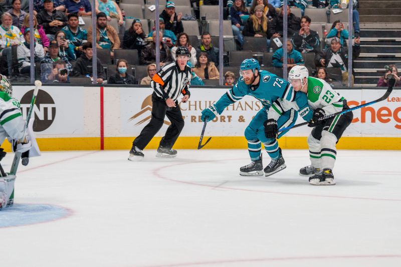 Jan 18, 2023; San Jose, California, USA; Dallas Stars goaltender Jake Oettinger (29) makes a save against San Jose Sharks center Noah Gregor (73) during the second period at SAP Center at San Jose. Mandatory Credit: Neville E. Guard-USA TODAY Sports