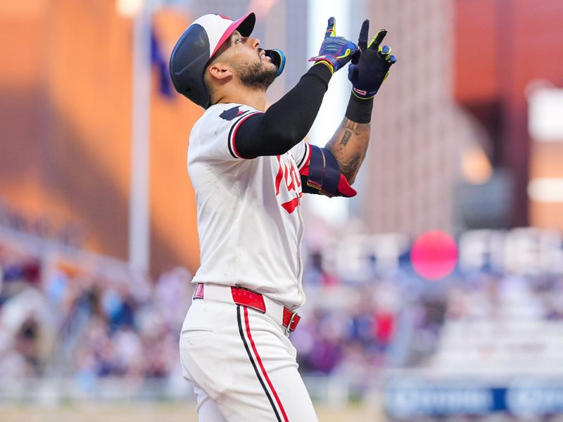 Jun 13, 2024; Minneapolis, Minnesota, USA; Minnesota Twins shortstop Carlos Correa (4) celebrates his home run against the Oakland Athletics in the seventh inning at Target Field. Mandatory Credit: Brad Rempel-USA TODAY Sports