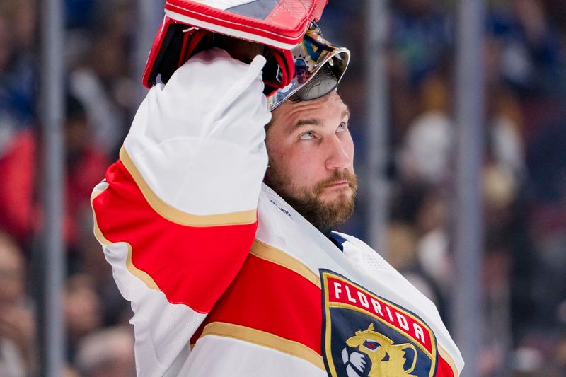 Dec 14, 2023; Vancouver, British Columbia, CAN; Florida Panthers goalie Anthony Stolarz (41) during a stop in play against the Vancouver Canucks in the third period at Rogers Arena. Vancouver won 4-0. Mandatory Credit: Bob Frid-USA TODAY Sports