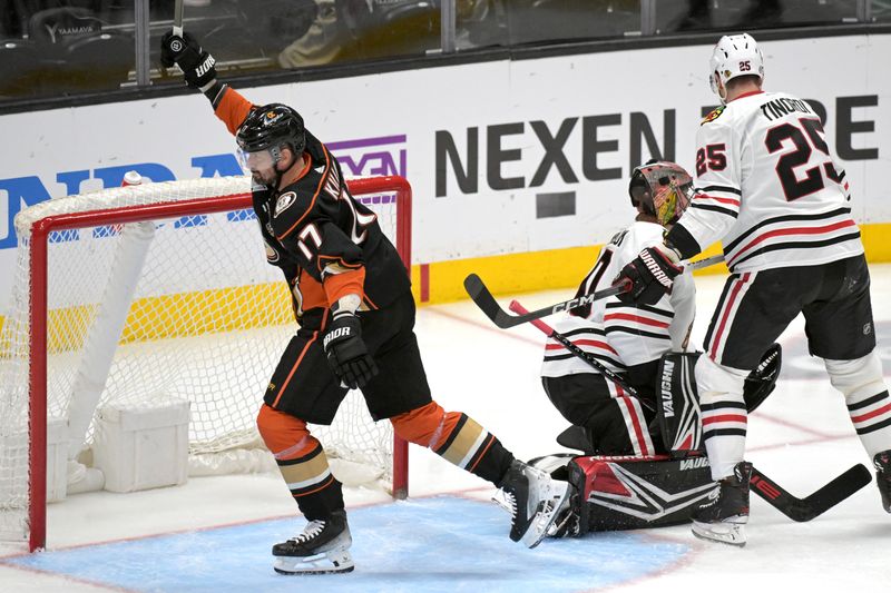 Mar 21, 2024; Anaheim, California, USA;  Anaheim Ducks left wing Alex Killorn (17) celebrates after scoring past Chicago Blackhawks goaltender Arvid Soderblom (40) in the second period at Honda Center. Mandatory Credit: Jayne Kamin-Oncea-USA TODAY Sports