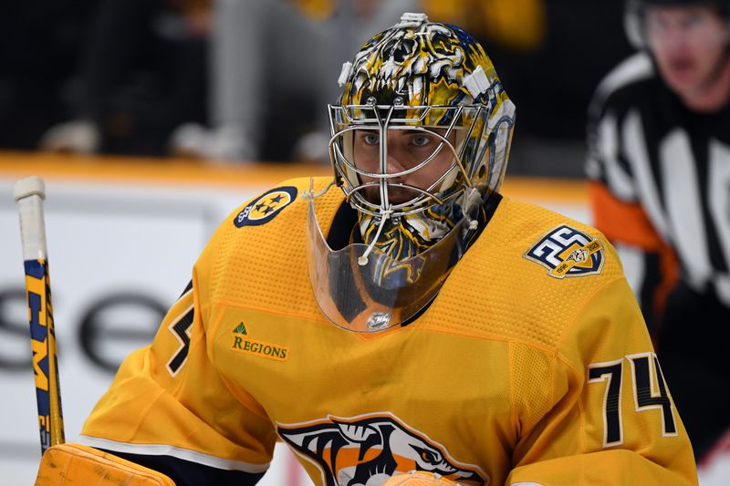 Nov 26, 2023; Nashville, Tennessee, USA; Nashville Predators goaltender Juuse Saros (74) during the second period against the Winnipeg Jets at Bridgestone Arena. Mandatory Credit: Christopher Hanewinckel-USA TODAY Sports