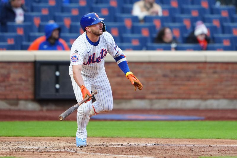 Apr 4, 2024; New York City, New York, USA; New York Mets first baseman Pete Alonso (20) hits a game tying home run against the Detroit Tigers during the ninth inning at Citi Field. Mandatory Credit: Gregory Fisher-USA TODAY Sports