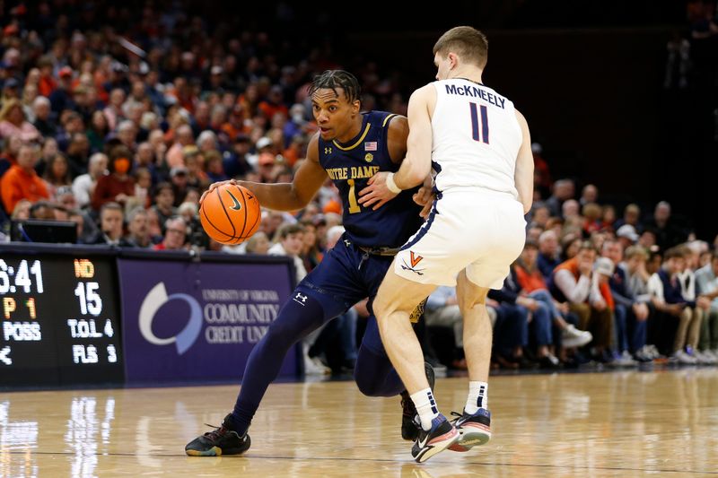 Feb 18, 2023; Charlottesville, Virginia, USA; Notre Dame Fighting Irish guard J.J. Starling (1) controls the ball as Virginia Cavaliers guard Isaac McKneely (11) defends during the first half at John Paul Jones Arena. Mandatory Credit: Amber Searls-USA TODAY Sports