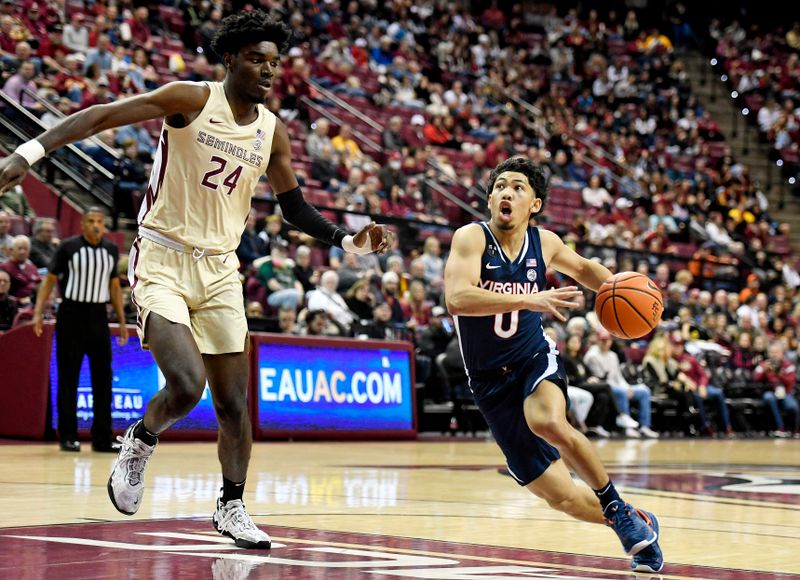 Jan 14, 2023; Tallahassee, Florida, USA; Virginia Cavaliers guard Kihei Clark (0) drives to the net past Florida State Seminoles forward Naheem Mcleod (24) during the first half at Donald L. Tucker Center. Mandatory Credit: Melina Myers-USA TODAY Sports