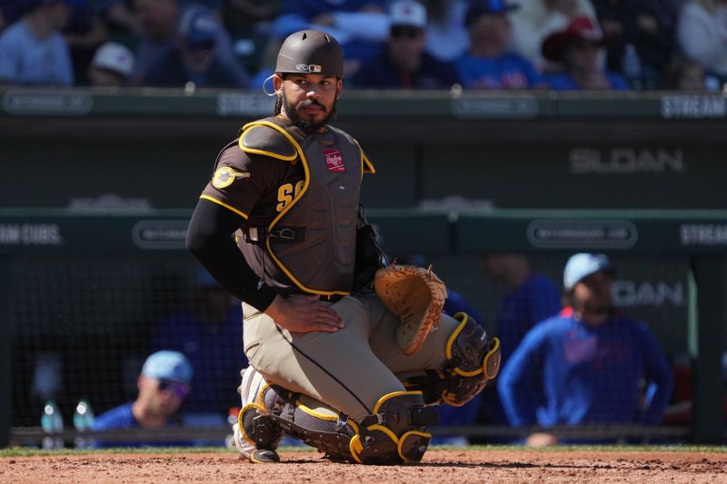 Mar 4, 2025; Mesa, Arizona, USA; San Diego Padres catcher Luis Campusano (12) looks for a sign against the Chicago Cubs in the third inning at Sloan Park. Mandatory Credit: Rick Scuteri-Imagn Images